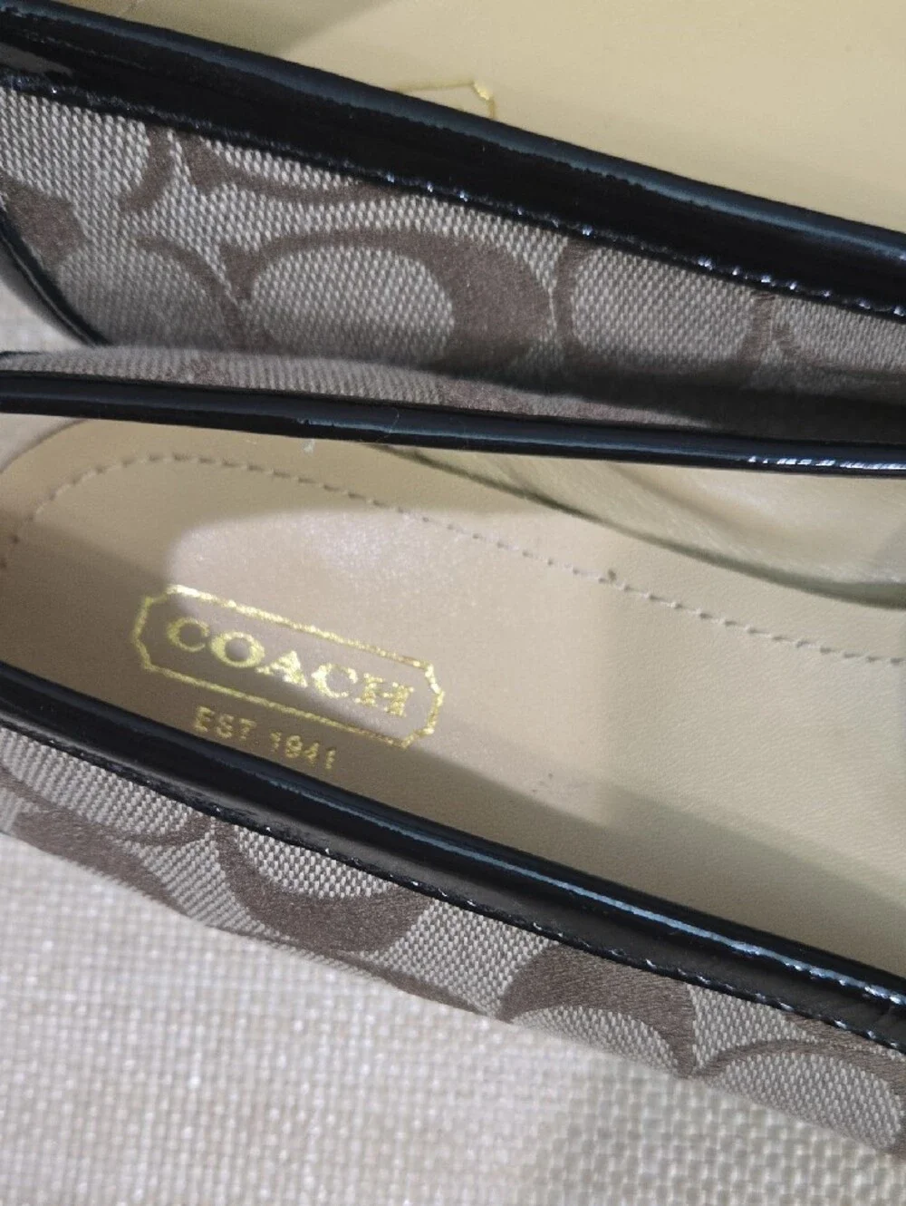 Coach Brown Signature Canvas Loafers with Black Patent Trim and Silver Hardware
